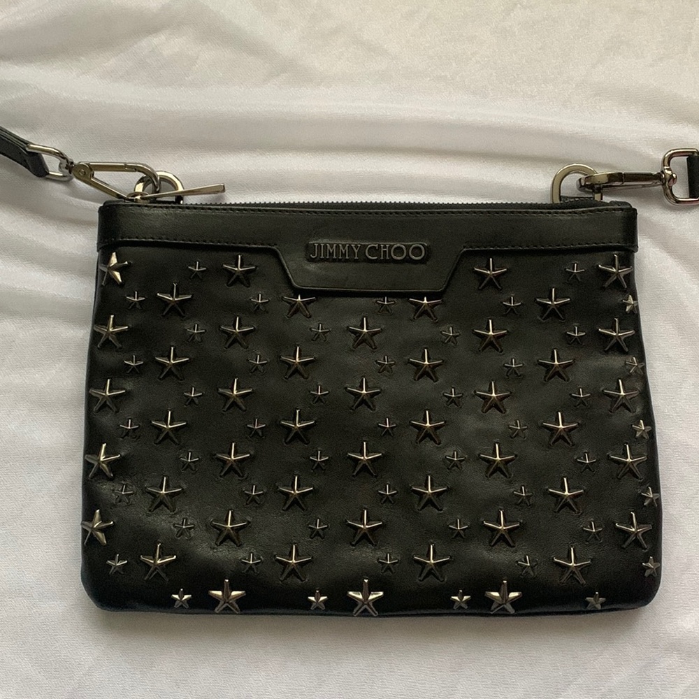 Brand New Jimmy Choo Crossbody Clutch Black Leather with Star Studs